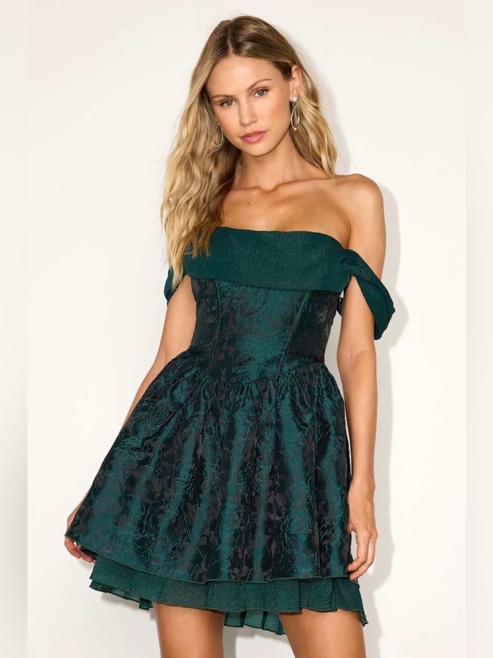 Lulus Kalara Dark Green Jacquard Off-the-Shoulder Mini Dress New with Tags Med